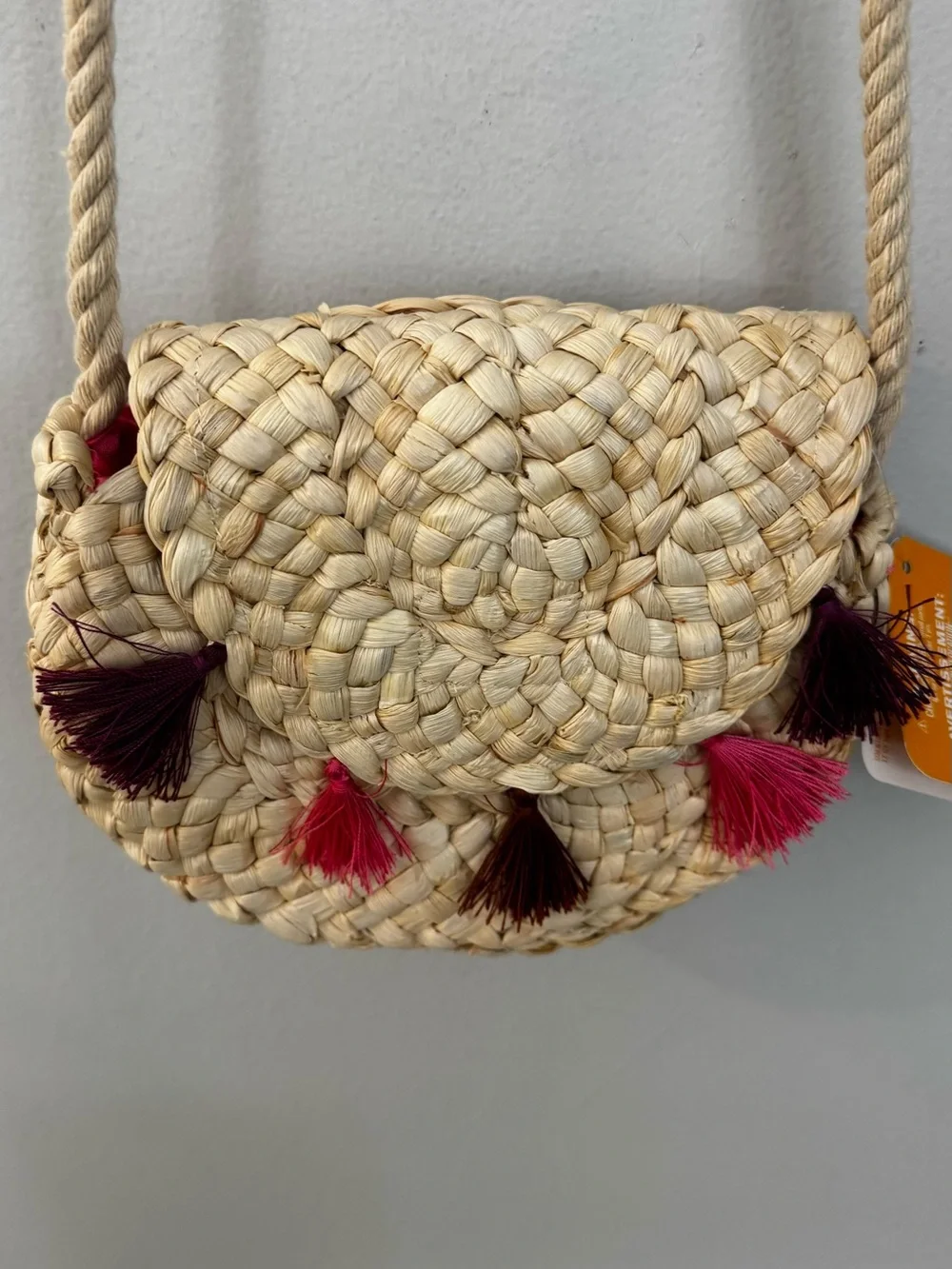Gymboree Natural Straw Crossbody with Pink & Burgundy Tassels